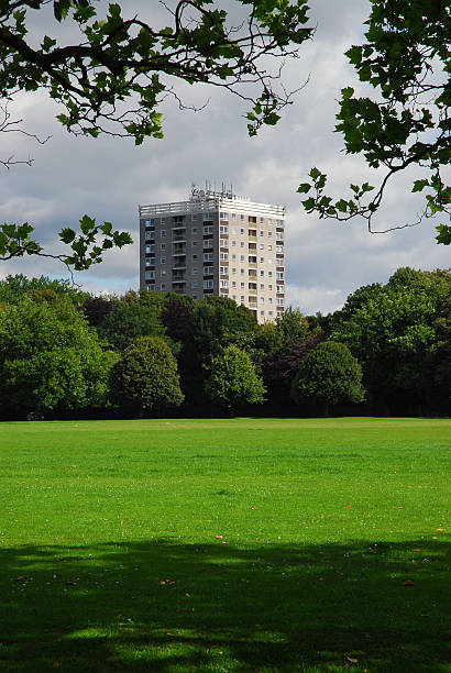 Tower Block Seen From A Park stock photo