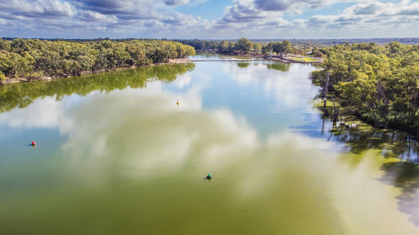 Aerial view Murray River Darling River Junction Wentworth Murray River and Darling River Junction, were the Darling River meets Murray River at Wentworth Victoria, near lock 10, murray darling basin stock pictures, royalty-free photos & images