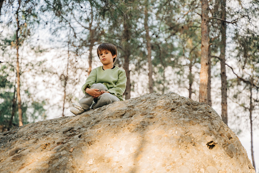 School kid boy child sitting on the granite rock boulder in the forest park.