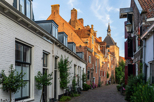 Street view in Amersfoort during a beautiful summer day in the evening at sunset