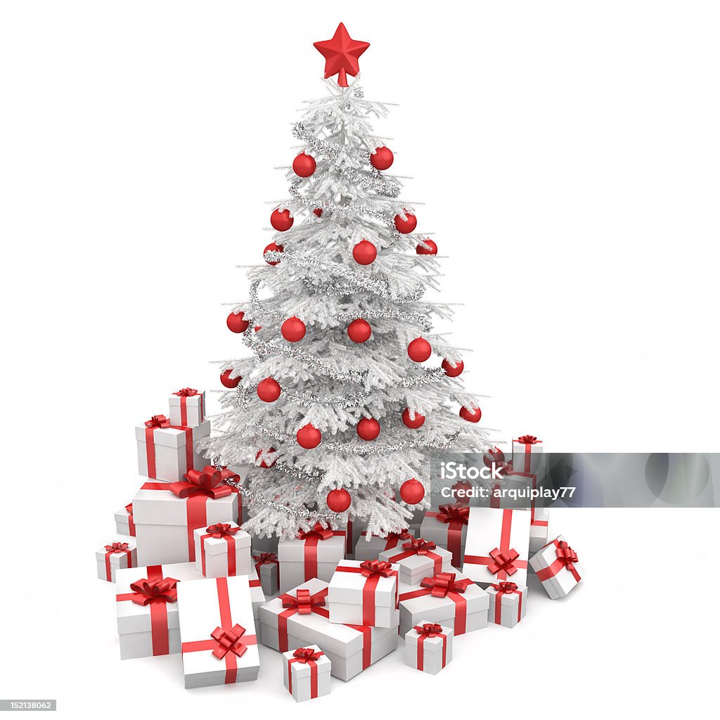 white and red isoloated christmas tree white and red christmas tree decorated with many presents and isolated on white Box - Container Stock Photo