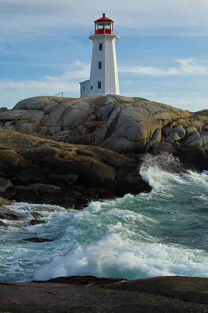 This was shot at the beautiful Peggy's Cove in Nova Scotia (Canada), just outside of Halifax.  The waves were relatively for on this day for this area.