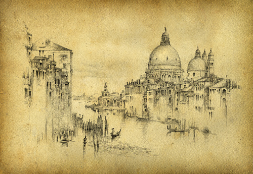 The Grand Canal in Venice. Pencil on paper & vintage style processing.