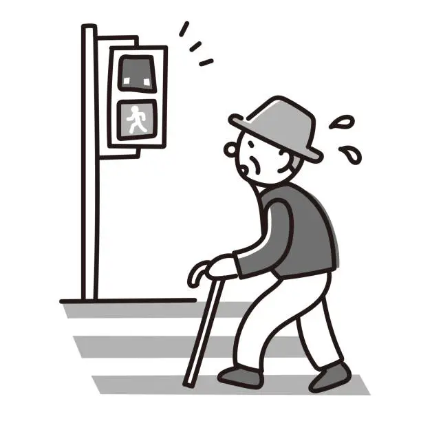 Vector illustration of Monochrome illustration of elderly man walking slowly and impatient at pedestrian crossing