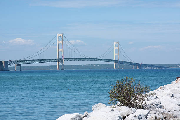 View from McGulpin Point of the Mackinac Bridge suspension bridge connecting the Upper and Lower peninsulas of Michigan