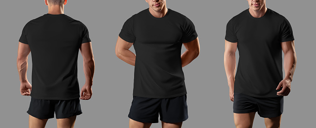 Black sports t-shirt template on an athlete, clothes on a muscular guy, front, back, for design. Set of shirts, product photography for commerce. Mockup of fashion apparel, isolated on background.