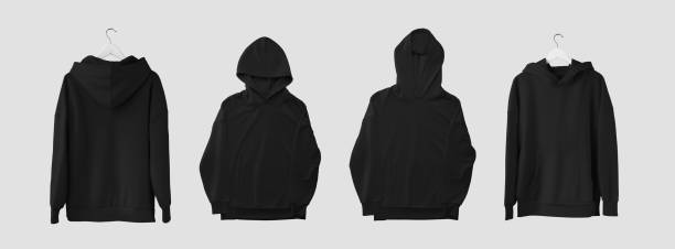 istock Black long hoodie template on a hanger, shirt presentation with folded hood, front, back view, isolated on background. Set 1521421365