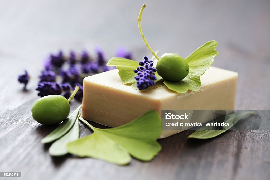 Bar of soap surrounded by berries, leaves, and lavender olive oil soap with lavender - beauty treatment Bar Of Soap Stock Photo