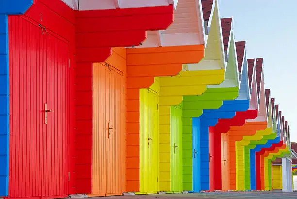 Beach huts at Scarborough North Bay, North Yorkshire, England, UK