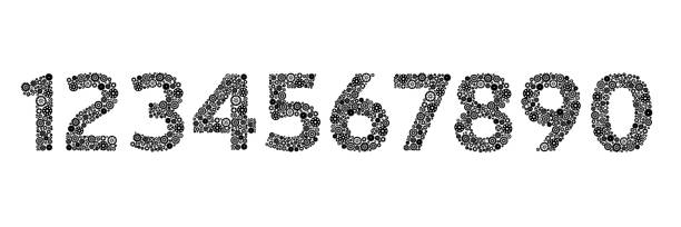Mechanical black font. Mechanical black font. Vintage steampunk number for logo and text. Large group of gear in number. Vector illustration. one two three four five six seven eight and nine stock illustrations