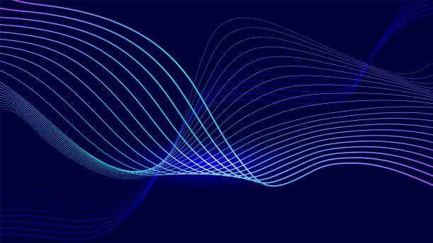 Vector illustration of Dynamic blue particle wave line on dark blue abstract background. Abstract sound visualization. Digital structure of the wave flow of luminous particles.