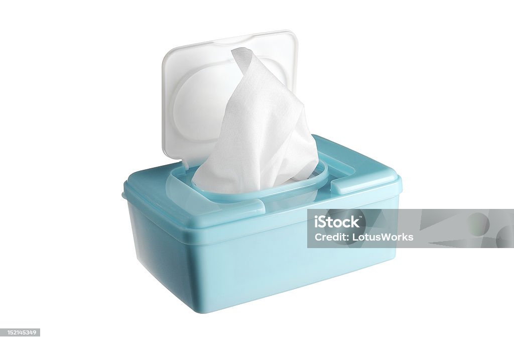 Baby wipes Image of baby wipe towelettes in blue plastic box, photographed on white background. Baby Wipe Stock Photo