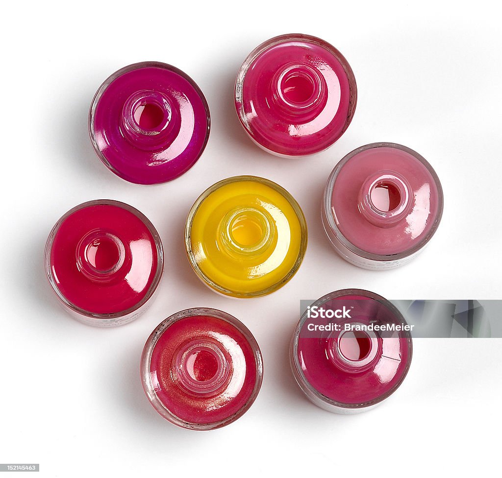 Group of nail polish bottles Nail polish bottles birds eye view on white background Aerial View Stock Photo