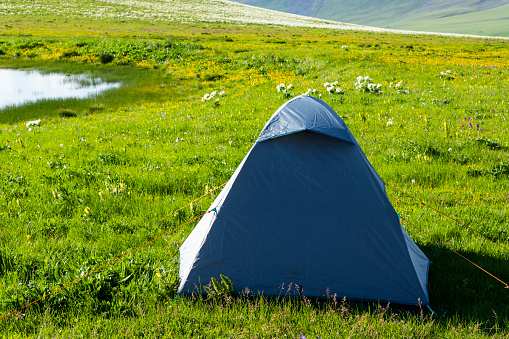Blue tent in field, mountaineering and camping