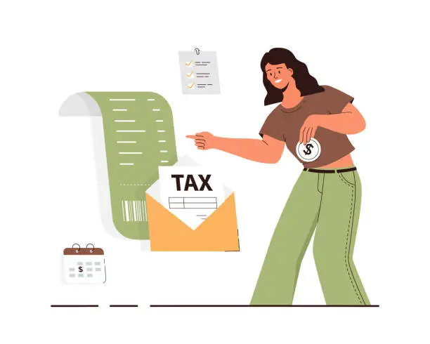 Vector illustration of Tax payment concept, Federal taxation. Mailing Tax Return, Postal Service. Payment of a bill, check, invoice. Woman looking at tax form in an envelope. Cartoon flat vector illustration.