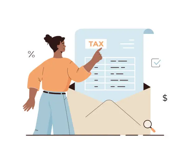Vector illustration of Tax payment concept, Federal taxation. Mailing Tax Return, Postal Service. Woman looking at tax form in an envelope. Cartoon flat vector illustration.