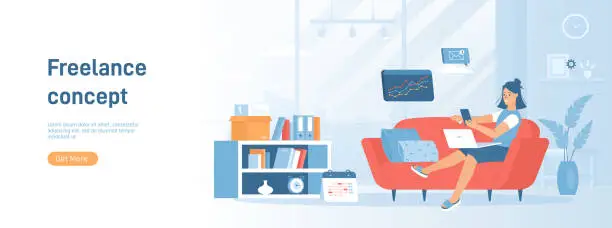 Vector illustration of Freelance concept. Online web job, internet worker, employee workplace. Girl working from home couch. Flat concept great for social media promotional material. Website banner on white background.