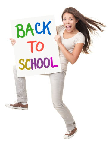 Back to school student holding a sign. Excited white / chinese woman isolated on white background in full length.