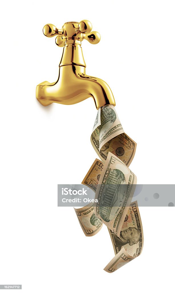 money tap tap with money flowing against white background Cash Flow Stock Photo