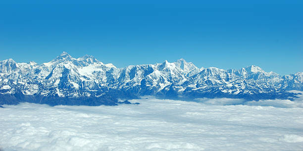 Panoramic view of Himalayas and Mount Everest stock photo