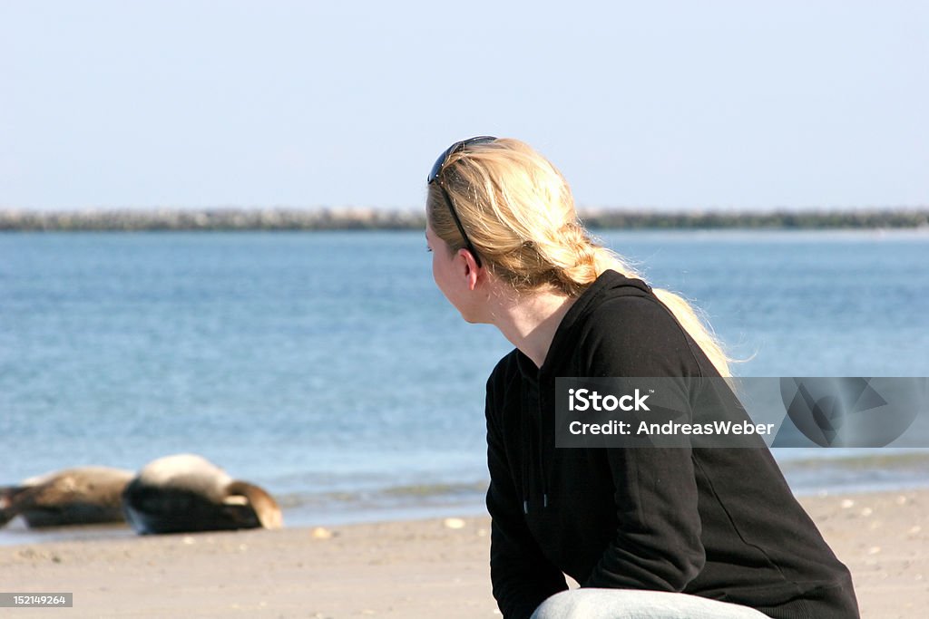 Menina observando selos na costa da Helgolândia, Alemanha - Royalty-free Adulto Foto de stock