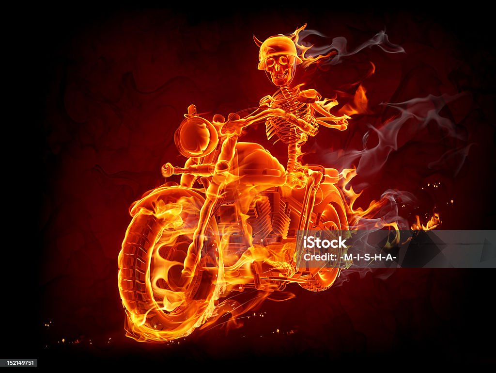 Fire biker Burning skeleton riding a motorcycle Motorcycle Stock Photo