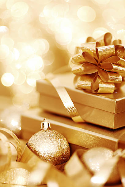 istock A sample layout of a Christmas card with a gold ribbon 152149865