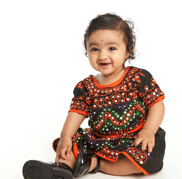 Smiling Asian Indian Baby Girl in Traditional Attire on White stock photo