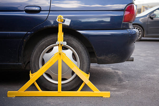 Car weel clamped Clamped weel of illegaly parked car car boot stock pictures, royalty-free photos & images