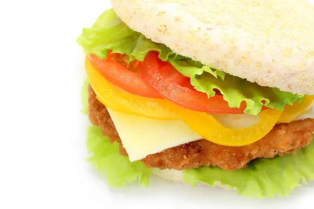 I made a chickenburger for bread across chicken and a tomato and the cheese and took it in a white background.