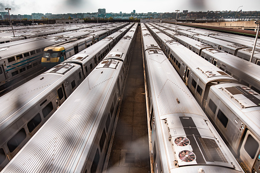 Many trains parked in Hudson Yards, Midtown Manhattan.