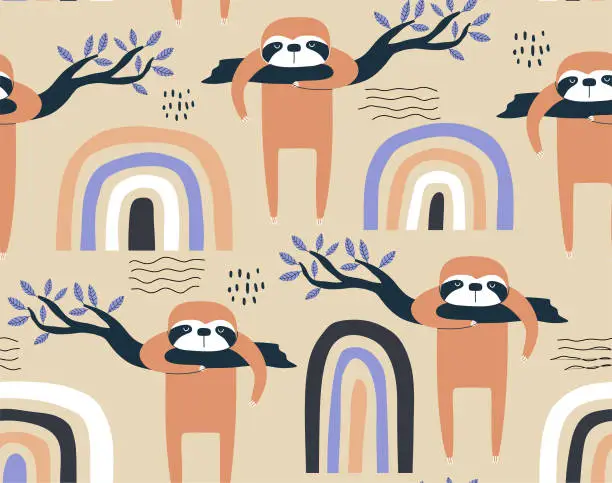 Vector illustration of seamless pattern with cute sloth hanging on a branch.