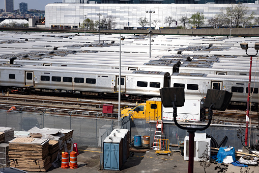 Many trains parked in Hudson Yards, Midtown Manhattan.