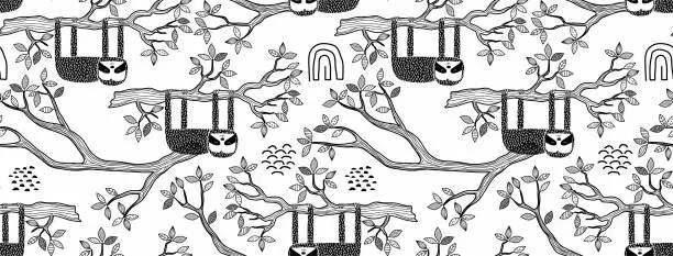 Vector illustration of Seamless pattern with cute sloth on the tree. Hand drawn adorable animal background in the childish style.