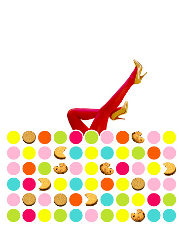 Contemporary art collage. Slender female legs in red tights and heels sticking out multicolored abstract background. Dieting, Sweet tooth. Imagination, inspiration, surrealism concept. Creative design