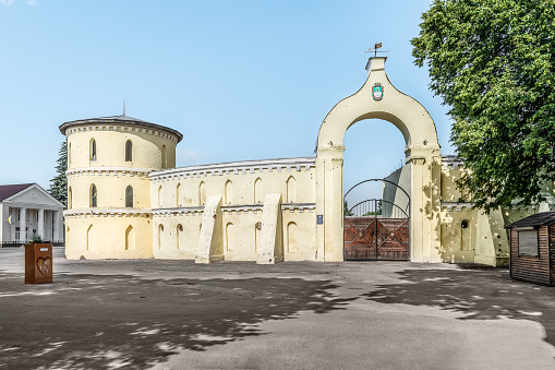 Trostyanets, Sumy Oblast, Ukraine - June 18, 2023: The main gate in the fortress Round Court in Trostianets. Outside view of the Manor-manage Krugliy dvir, 1749