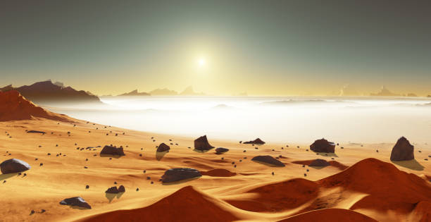 istock Mars, red planet. Cold desert on Mars. Martian landscape with ground dust, mist 1521568709