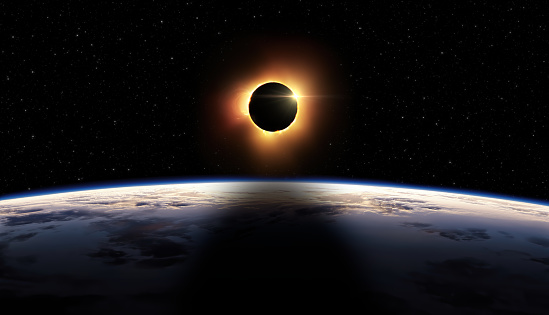 Total solar eclipse. The Moon covers the Sun, 3D illustration