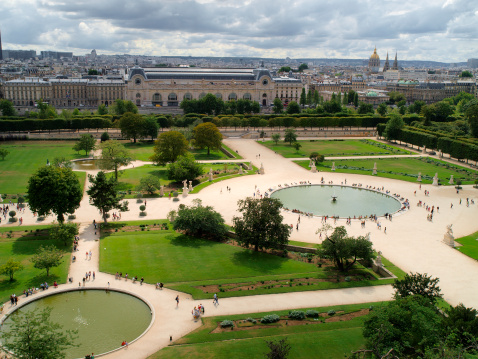 Air sight of Tuileries's Gardens, next to the Museum of the Louvre in Paris, France.
