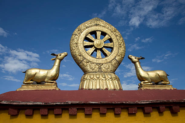 Eight-spoked Wheel of the Law, flanked by two deer, on rooftop of Jokhang Temple, Lhasa, Tibet. The Dharmachakra, or dharma wheel, or Wheel of the Law, is symbolic of the teachings of Buddha. It is based on a chariot wheel, and signifies the Noble Eightfold Path.
