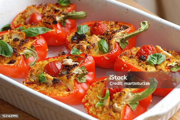 Roasted Red Peppers Filled With Couscous Stock Photo - Download Image Now - Stuffed Pepper, Couscous, Mediterranean Food