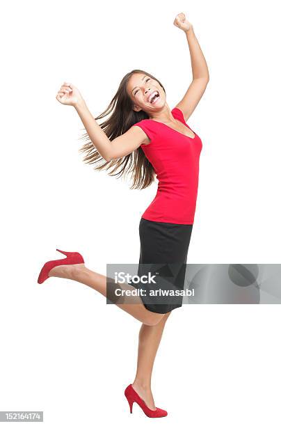 Eufórico Mujer Bailando De Alegría Foto de stock y más banco de imágenes de Mujeres - Mujeres, Adulto joven, Fondo blanco