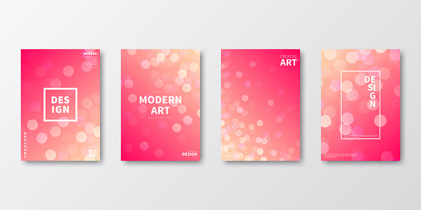 Set of four vertical brochure templates with modern and trendy backgrounds, isolated on blank background. Abstract illustrations with defocused lights and a bokeh effect. Beautiful color gradient (colors used: Yellow, Beige, Orange, Red, Pink). Can be used for different designs, such as brochure, cover design, magazine, business annual report, flyer, leaflet, presentations... Template for your own design, with space for your text. The layers are named to facilitate your customization. Vector Illustration (EPS file, well layered and grouped). Easy to edit, manipulate, resize or colorize. Vector and Jpeg file of different sizes.