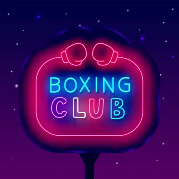 Vector illustration of Boxing club neon label street billboard. Glowing outdoor advertising. Frame with boxing gloves. Vector illustration