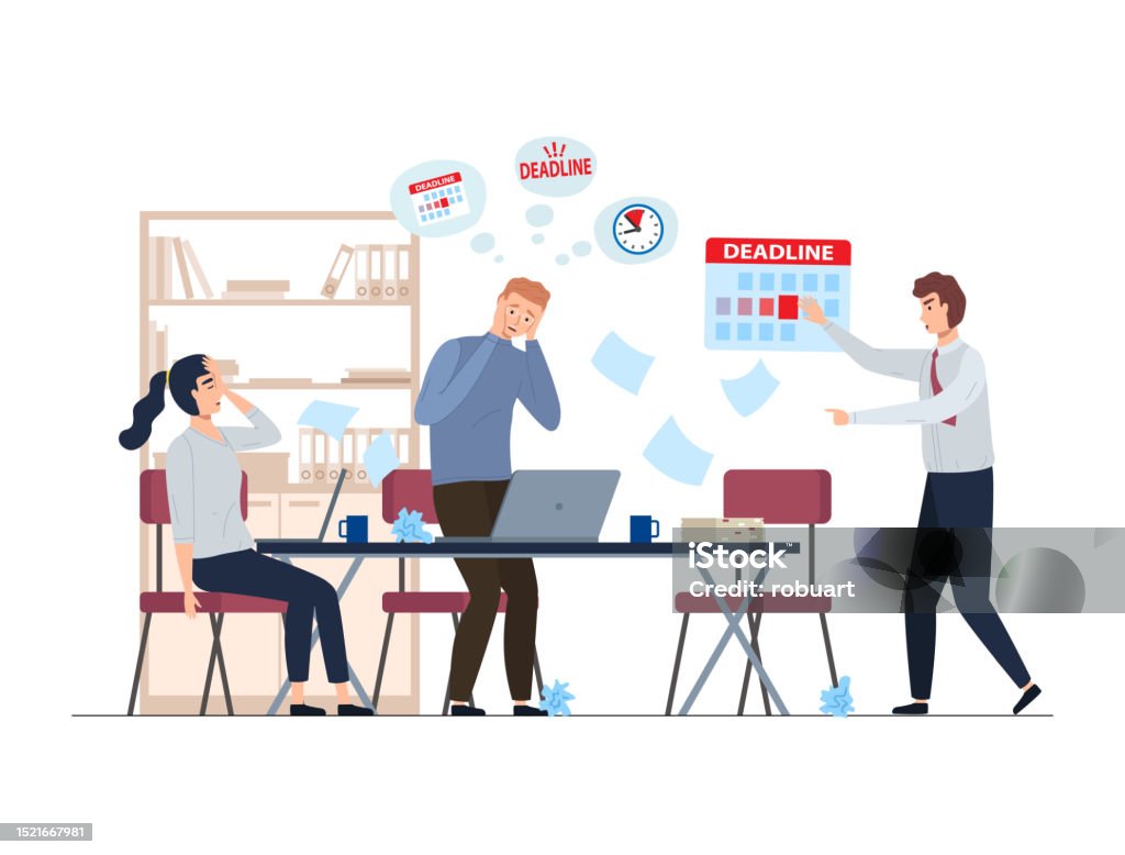 Chasing Deadlines Office Deadline Stressed Employees Working Overtime And Angry Boss ...