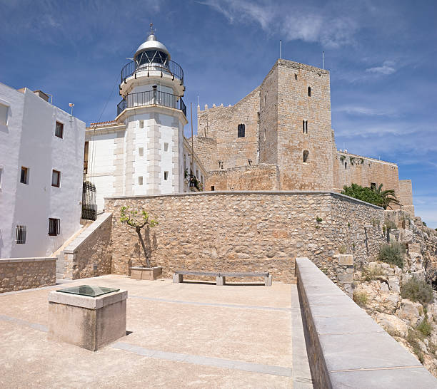 Panorama of the Fort of Saint Nicholas fortress and promenade with windmills and lighthouse in Rhodes Island, Greece.