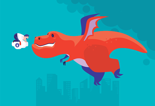 vector illustration of businessman holding cloud and screaming when meeting flying dragon