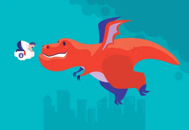 Vector illustration of businessman holding cloud and screaming when meeting flying dragon