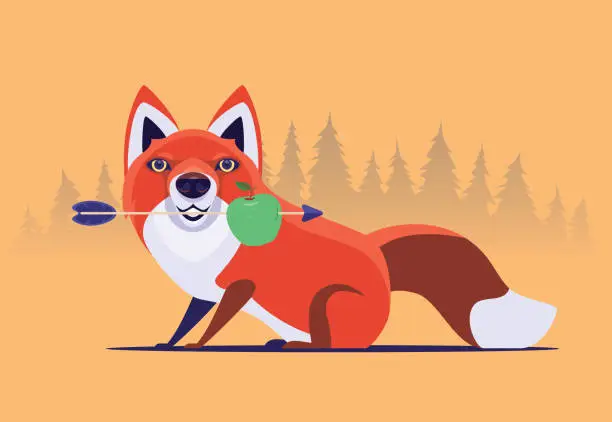 Vector illustration of fox holding arrow with apple