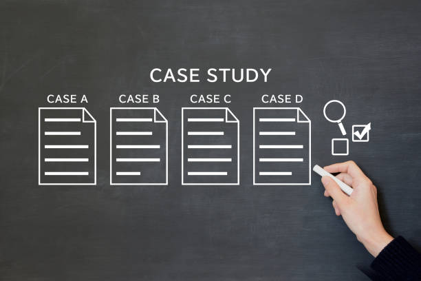 Human's hand drawing report pictogram with case study word on blackboard